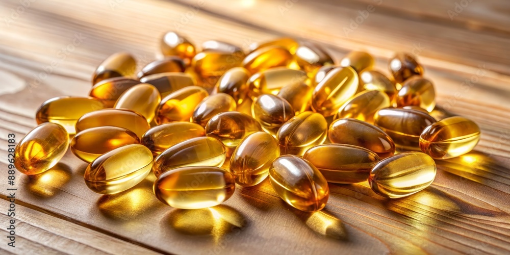 Golden Glow A Pile of Shiny Omega-3 Capsules on a Wooden Surface, Supplement, Health, Wellness, Nutrition Golden Glow A Pile of Shiny Omega-3 Capsules on a Wooden Surface, Supplement, Health, Wellness, Nutrition
