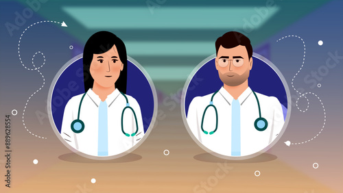 Vector illustration of a male and female doctor, each framed in a circular design, symbolizing teamwork and diversity in healthcare.

