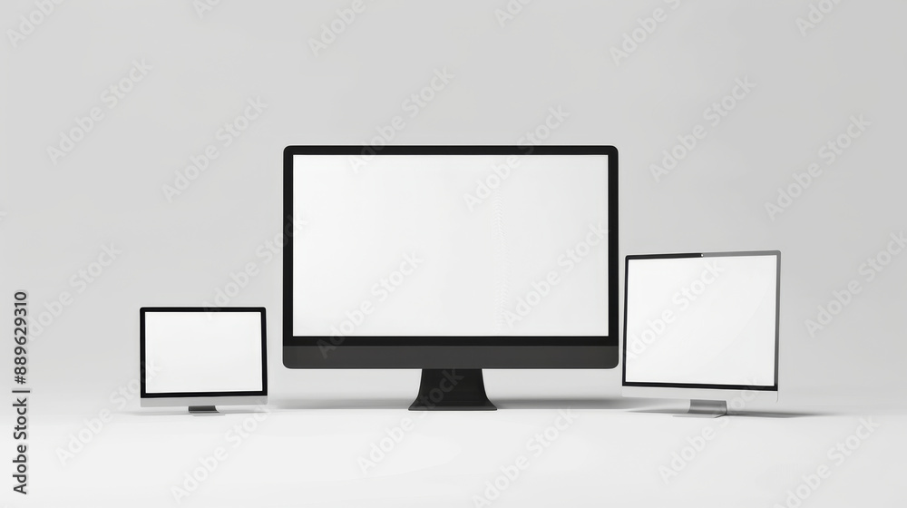 Three computer monitors are lined up on a white background Three computer monitors are lined up on a white background