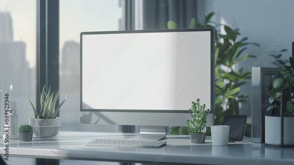 A computer monitor sits on a desk with a potted plant in front of it A computer monitor sits on a desk with a potted plant in front of it