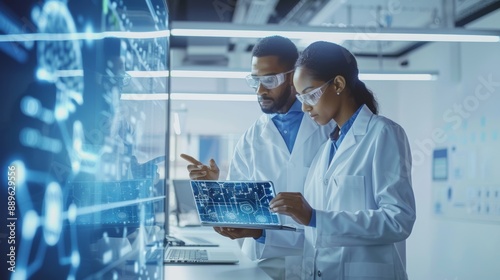 Portrait of Two Female and Male Engineers Using Laptop Computer to Analyze and Discuss How to Proceed with the Artificial Intelligence Software. Casually Chatting in High Tech Research, Generative AI