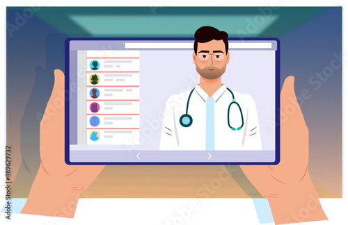 Vector illustration of a male doctor displayed on a digital tablet screen, representing telemedicine and modern healthcare access.

