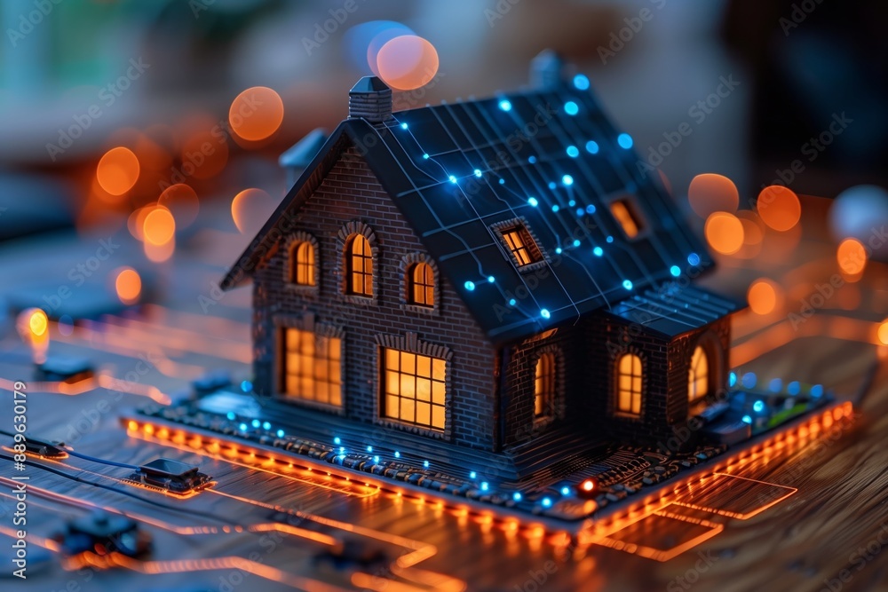 A Miniature House Model Illuminated on a Circuit Board A Miniature House Model Illuminated on a Circuit Board