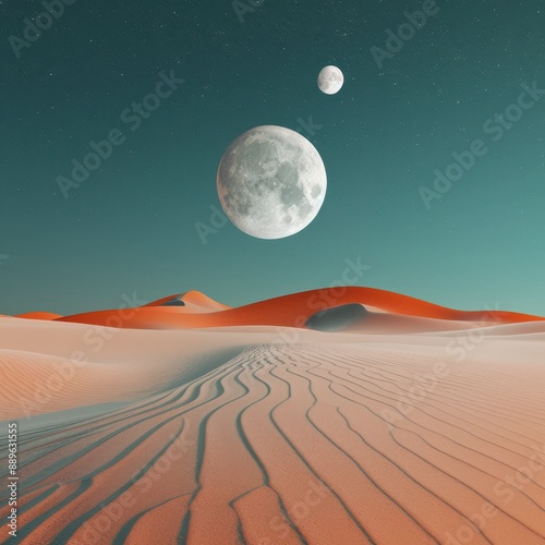 Alien desert with radiant dunes under a sky filled with planets, mysterious cosmic landscape, beautiful and exotic realism