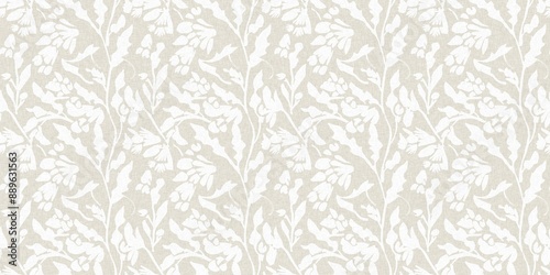 Seamless french gender neutral floral linen printed fabric border background. Light mottled white on grey cottage core block print pattern. Shabby chic woven duotone cloth effect. 