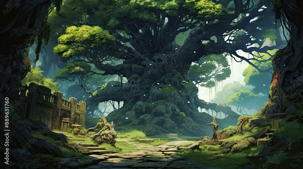 Ancient Tree and Ruins in a Lush Forest. Ancient Tree and Ruins in a Lush Forest.