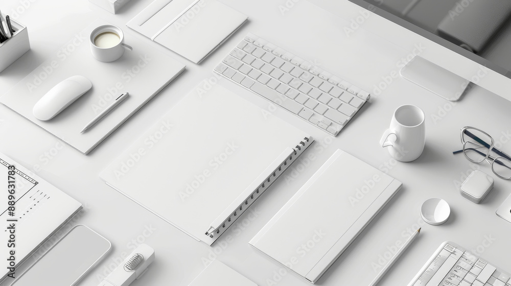 A white desk with a keyboard, mouse, and a cup of coffee A white desk with a keyboard, mouse, and a cup of coffee