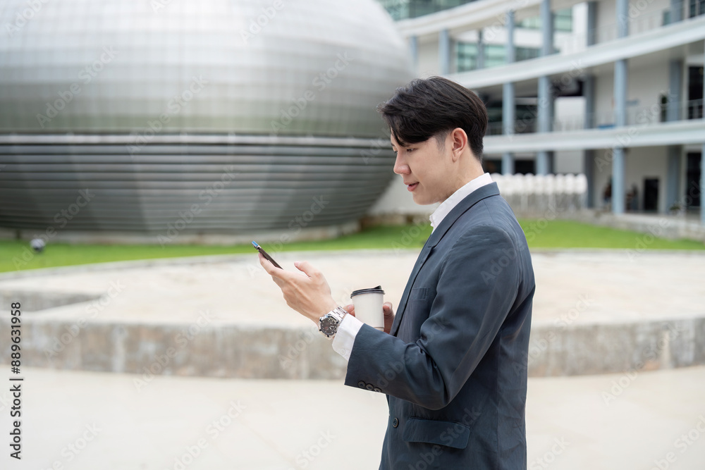 Businessman Using Smartphone Outdoors Near Modern Building with Coffee Cup in Hand Businessman Using Smartphone Outdoors Near Modern Building with Coffee Cup in Hand