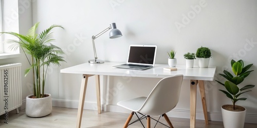 Minimalist Home Office Desk with Laptop, White Chair and Plants, Minimalist Interior Design, Modern Workspace,  Home Office Decor, White Desk,  Laptop photo