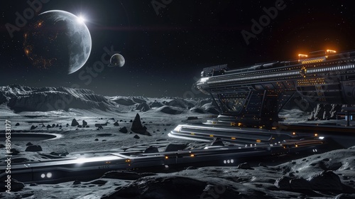 A distant moon with a futuristic base and a breathtaking view of its parent planet.