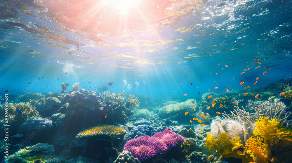 A beautiful underwater scene with a variety of colorful fish and coral A beautiful underwater scene with a variety of colorful fish and coral