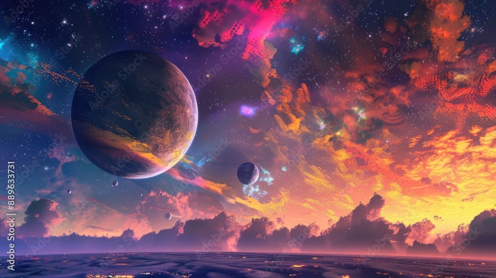 A distant planet with multiple moons and a sky filled with vibrant colors.