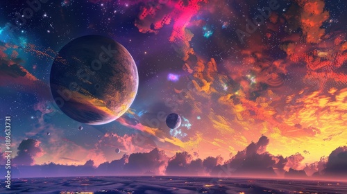 Obraz na płótnie A distant planet with multiple moons and a sky filled with vibrant colors. w salonie