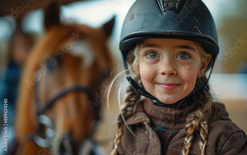 A young girl, wearing a riding helmet and braids, smiles happily at the camera during her equestrian lesson. A brown horse is visible in the background