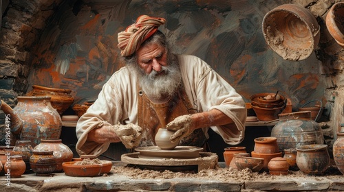 Wallpaper Mural A bearded artisan shaping clay on a pottery wheel surrounded by handmade pots and earthenware in a rustic workshop. Torontodigital.ca