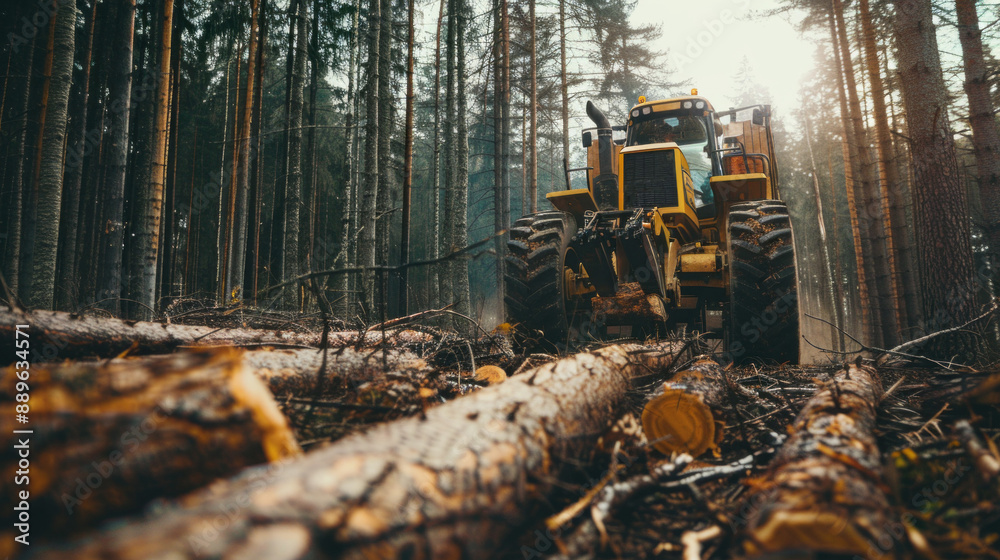 A large yellow tractor is driving through a forest, cutting down trees A large yellow tractor is driving through a forest, cutting down trees