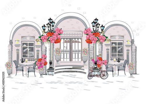 Series of backgrounds decorated with flowers, old town views and street cafes. Cafe window.   Hand drawn vector architectural background with historic buildings. 