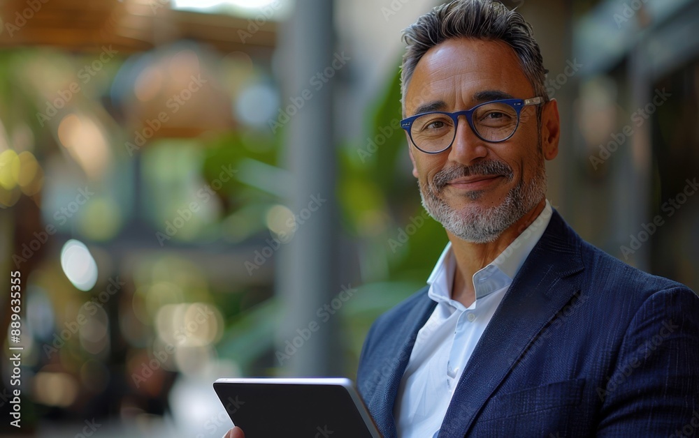 A happy middle aged man wearing a suit and glasses works on a tablet device while standing outside A happy middle aged man wearing a suit and glasses works on a tablet device while standing outside