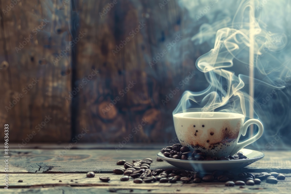 Steaming Cup of Coffee on Rustic Wooden Table Steaming Cup of Coffee on Rustic Wooden Table