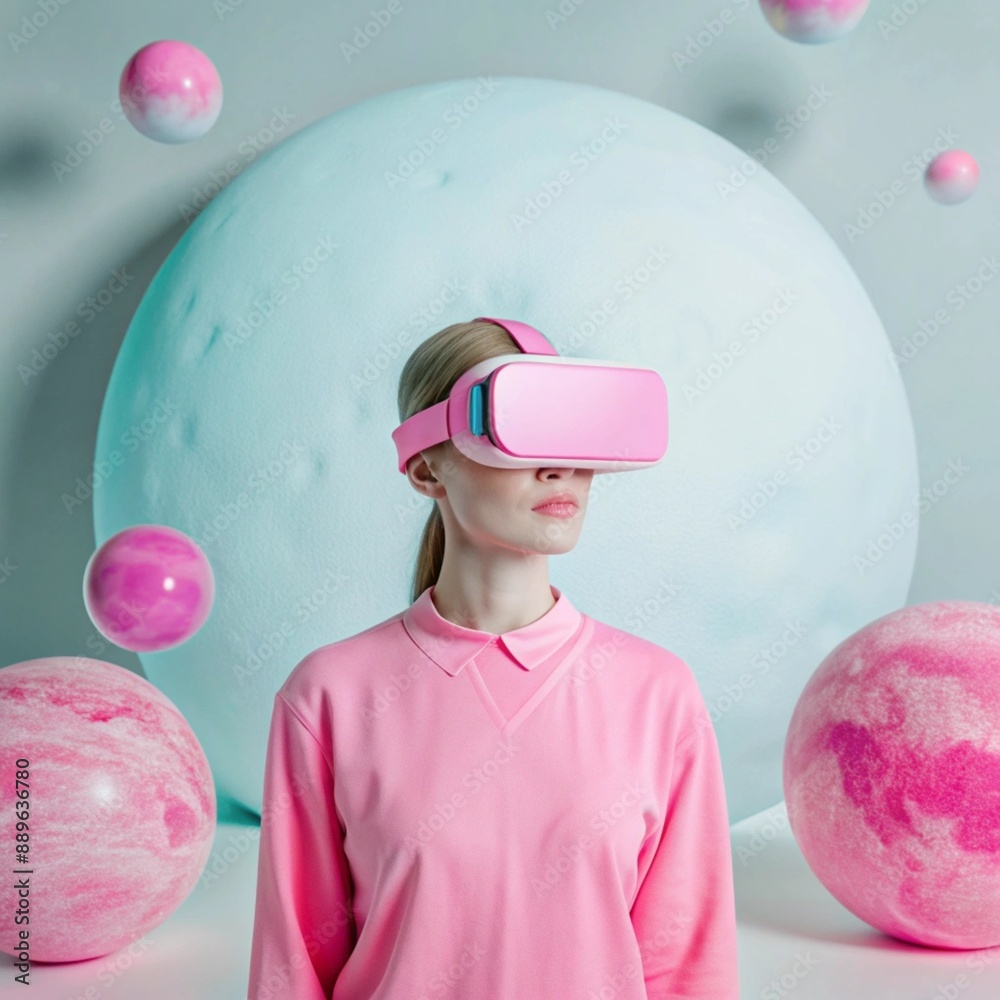 Naklejka premium Man / Woman wearing a pair of virtual reality goggles, metaverse, VR, virtual reality, Generative Ai