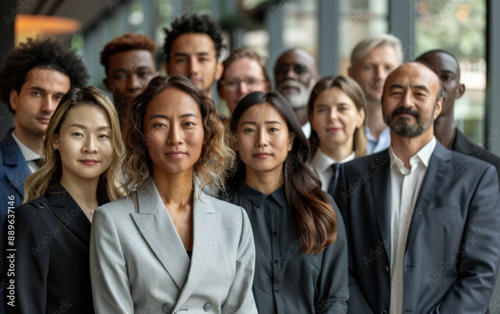 A group of multiethnic professionals of different ages stand in a line looking at the camera, dressed in business attire A group of multiethnic professionals of different ages stand in a line looking at the camera, dressed in business attire