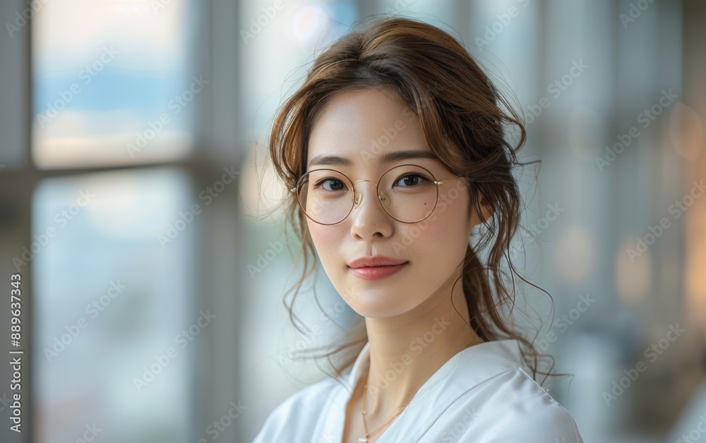 A young Korean businesswoman with brown hair, wearing round glasses, smiles for the camera in a contemporary office setting A young Korean businesswoman with brown hair, wearing round glasses, smiles for the camera in a contemporary office setting