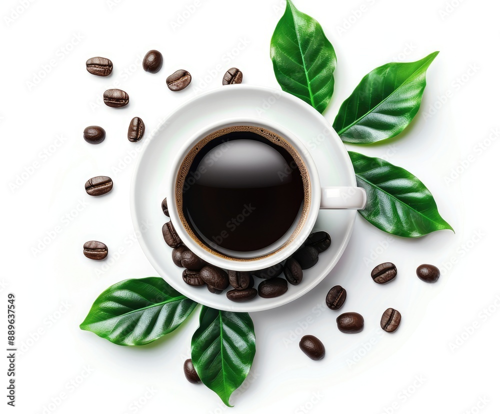 Fototapeta premium Coffee Cup Surrounded by Beans and Leaves