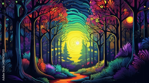 A illustration of a sunset in a magical forest with silhouetted trees and an orange sky