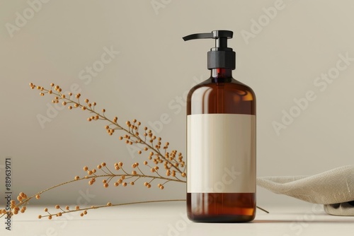 Amber Glass Pump Bottle Mock-Up - Liquid Soap, Shampoo Dispenser - One Bottle. Blank Label. 3D Illustration, Generative AI