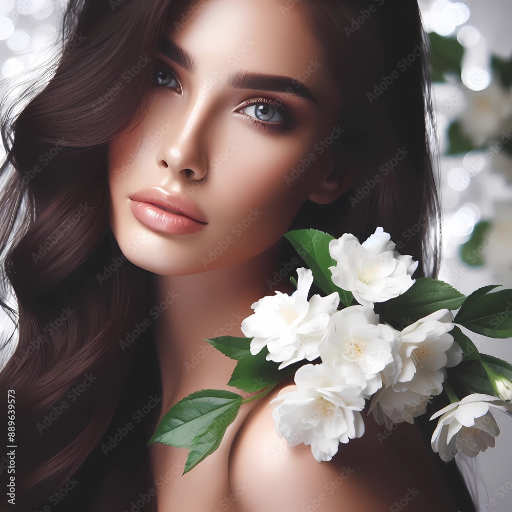 A closeup of a beautiful woman with jasmine flowers on an out of focus background. Generated with Generative A