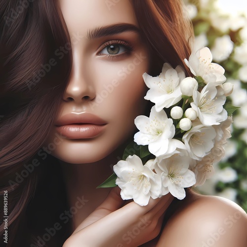 A closeup of a beautiful woman with jasmine flowers on an out of focus background. Generated with Generative A