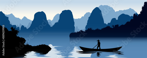Stunning landscape of an Asian fisherman on a boat with amazing mountains in the background. Panoramic landscape illustration with boat, paradise waters and beautiful mountains of Asia.