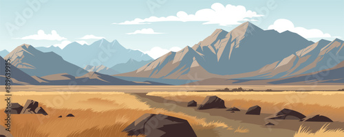 Beautiful steppe and mountains vector illustration. A prairie landscape with steppe grasses, meadows and fields against a backdrop of amazing mountains and volcanic hills. Panoramic landscape.