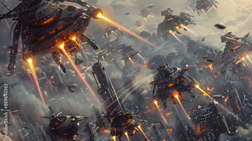 A fleet of bio-engineered living ships defending their homeworld against a relentless robotic invasion force. photo