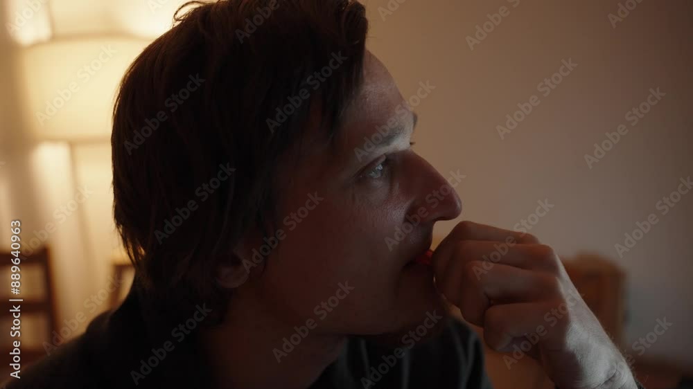 Contemplative Gaze, a young man examines a gummy bear. The soft lighting highlights his curiosity. Contemplative Gaze, a young man examines a gummy bear. The soft lighting highlights his curiosity.