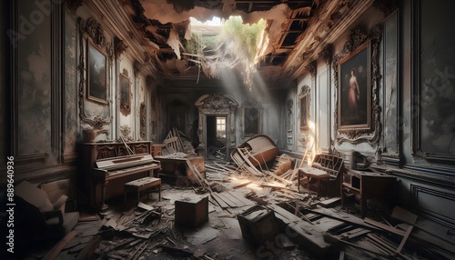 Inside an old abandoned building with a piano