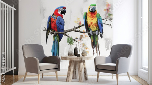 two parrots on a sofa photo