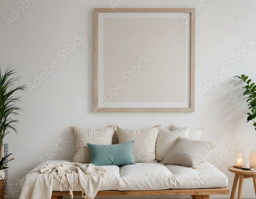 Interior design mock up. Empty room with blank frame for display art. 3d rendered design with modern design.