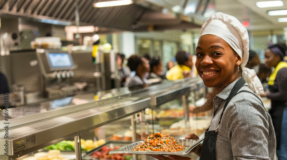 Smiling chef serving food in a busy cafeteria kitchen Smiling chef serving food in a busy cafeteria kitchen