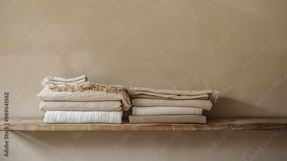 Eco-Friendly Fashion: Serene Minimalist Display of Sustainable Clothing on Wooden Shelf Eco-Friendly Fashion: Serene Minimalist Display of Sustainable Clothing on Wooden Shelf