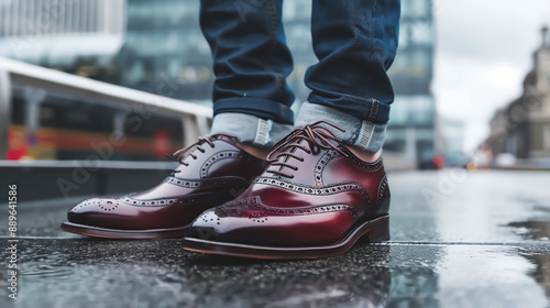 Elegant Burgundy Leather Brogue Shoes with Dark Blue Jeans for Banner and Billboard Graphics in Fashion Campaigns