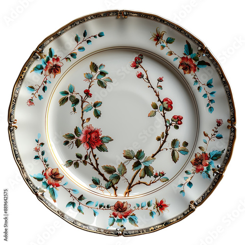 Vintage plate with floral tracery. Porcelain empty round tableware with colorful retro design for food and decorative souvenir