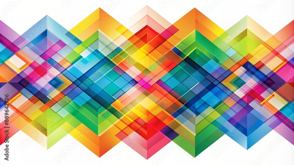 Vibrant multicolored abstract geometric shapes intersect and overlap on a clean white background, perfect for modern digital invitations.