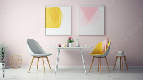 Seek solace and comfort in a sunny Scandinavian sanctuary with two chrs, a central table, and an empty canvas agnst a backdrop of warm yellow. 