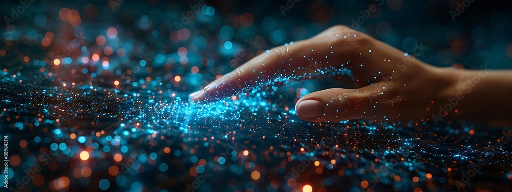Fototapeta premium Hand touching a spinning data flow, data flow processing visualization background