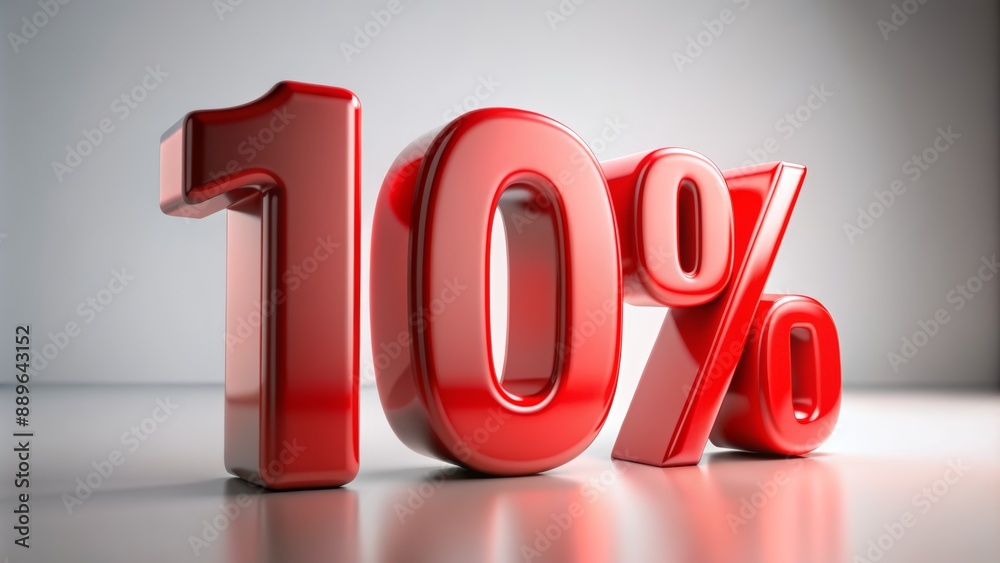 Vibrant red 3D number ten percent discount symbol isolated on white background with subtle gradient and dramatic lighting effect.