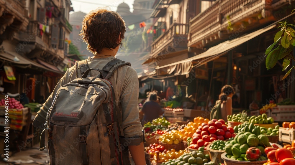Naklejka premium Vibrant Market Scene Young Traveler Explores Colorful Produce Stalls in Historic City Street