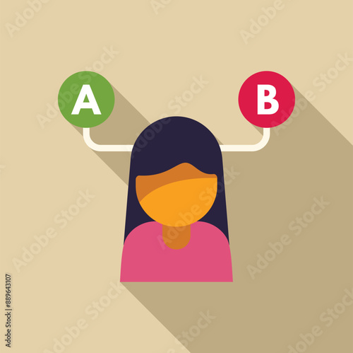 Conceptual illustration featuring a young woman deciding between two different options, represented by letters a and b