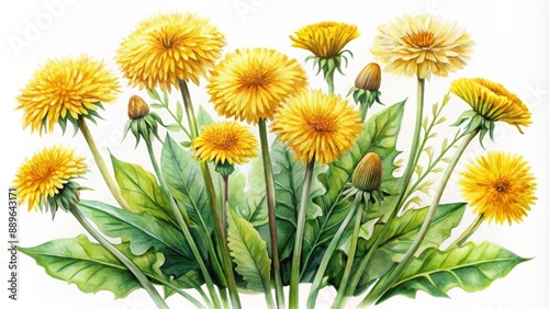 Vibrant hand-painted watercolor illustration depicting bright yellow dandelion flowers with lush green leaves on a crisp white background.
