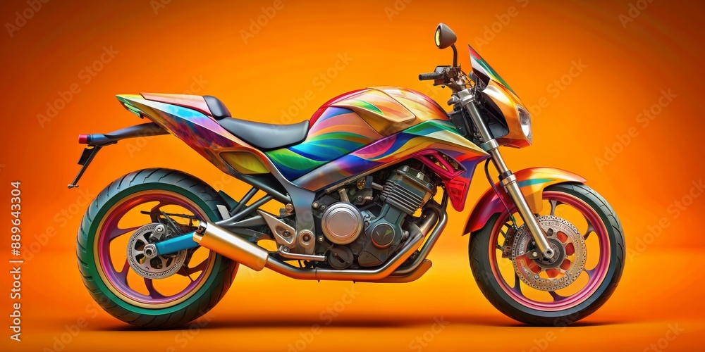 Fototapeta premium Rainbow Motorcycle on Orange Background, 3D Render, motorcycle, chrome, custom, paint